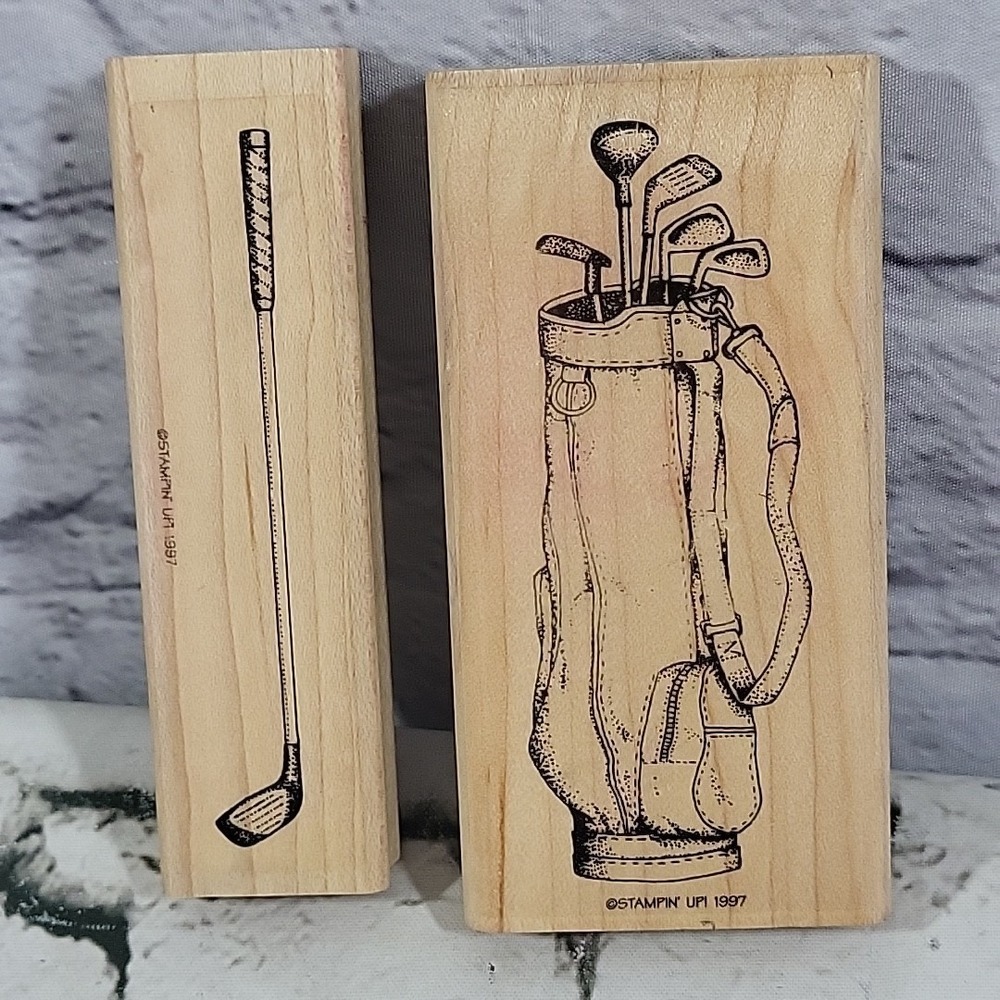 Vintage 90s Stampin Up Rubber Stamps Golfing Lot Of 2 Golf Clubs Bag Putter